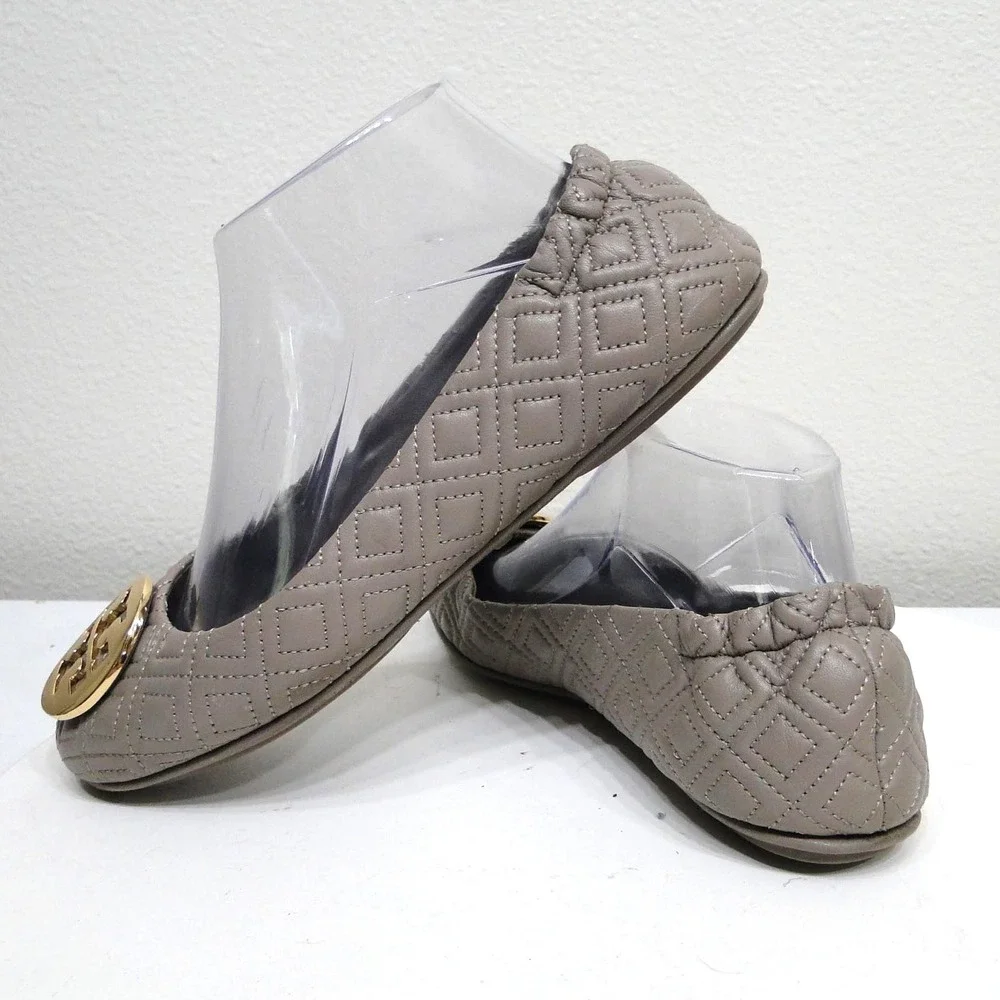 Tory Burch Minnie Travel Ballet Flats Quilted Leather Taupe Grey Gold Logo